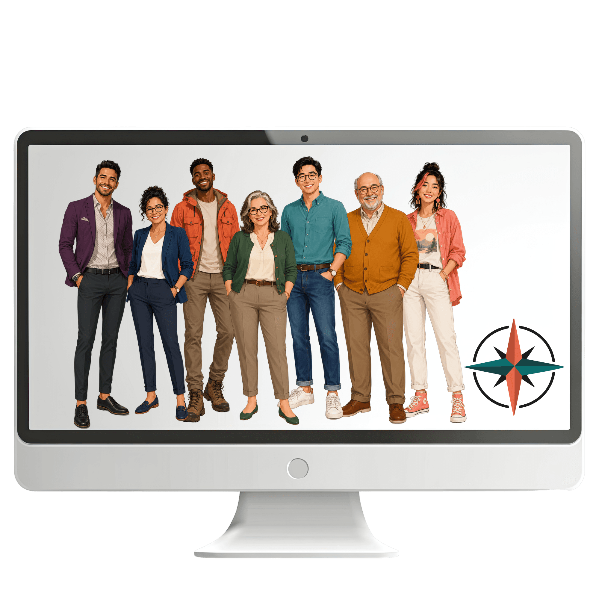 A computer monitor showing seven smiling people standing together — your digital team, inside the software
