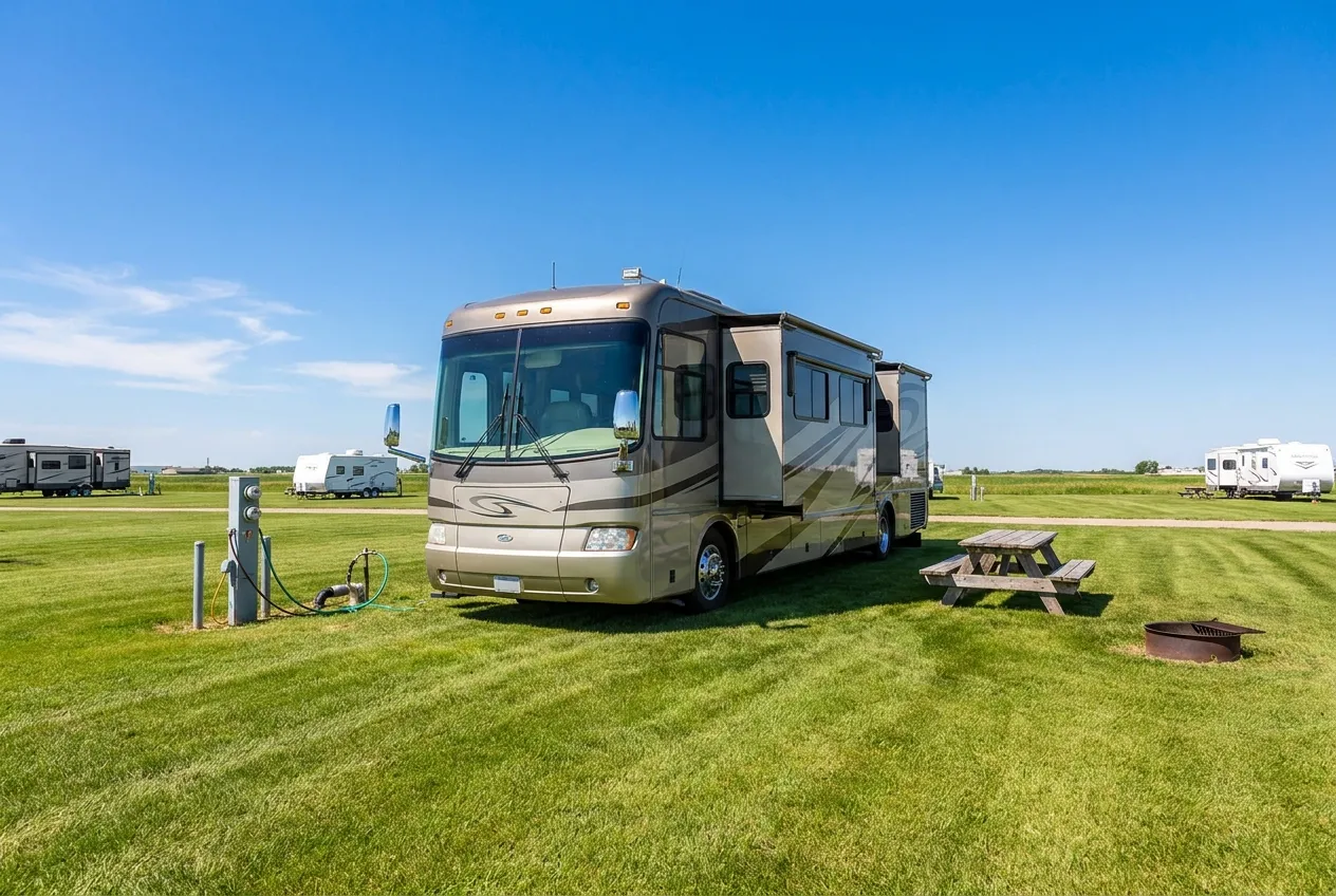 A large motorhome on a wide grassy pull-through full-hookup site