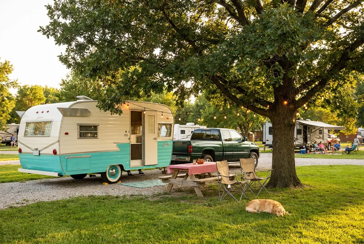 A travel trailer on a shaded back-in site with a picnic table and string lights