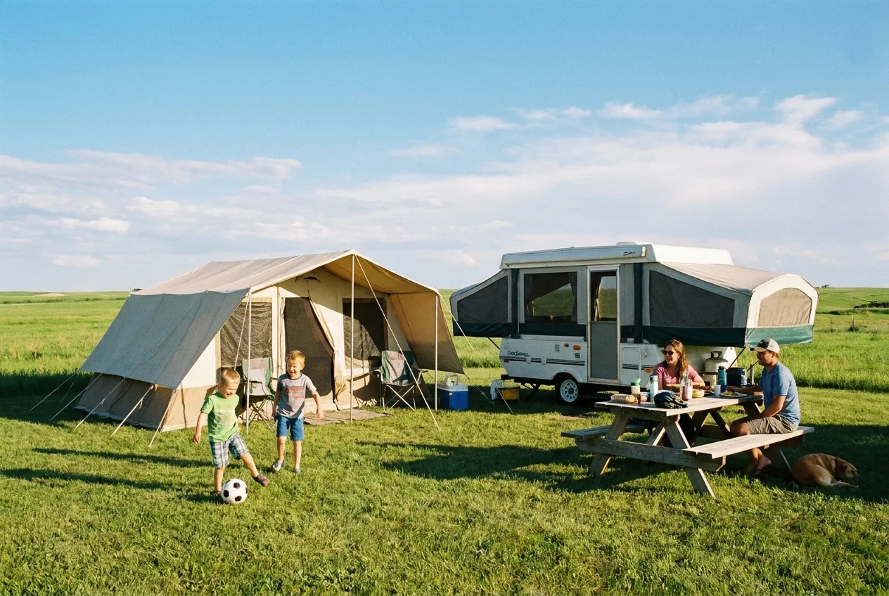 A family tent and pop-up camper on a grassy tent site with kids playing