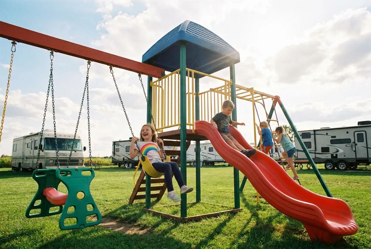 A cheerful playground with kids at the family RV park