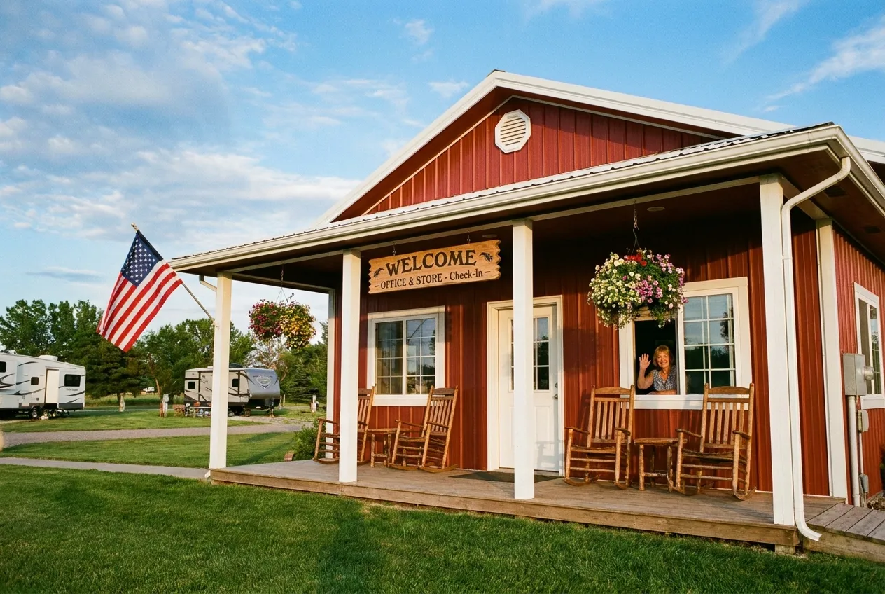 A charming barn-red camp store and check-in office with a welcoming front porch