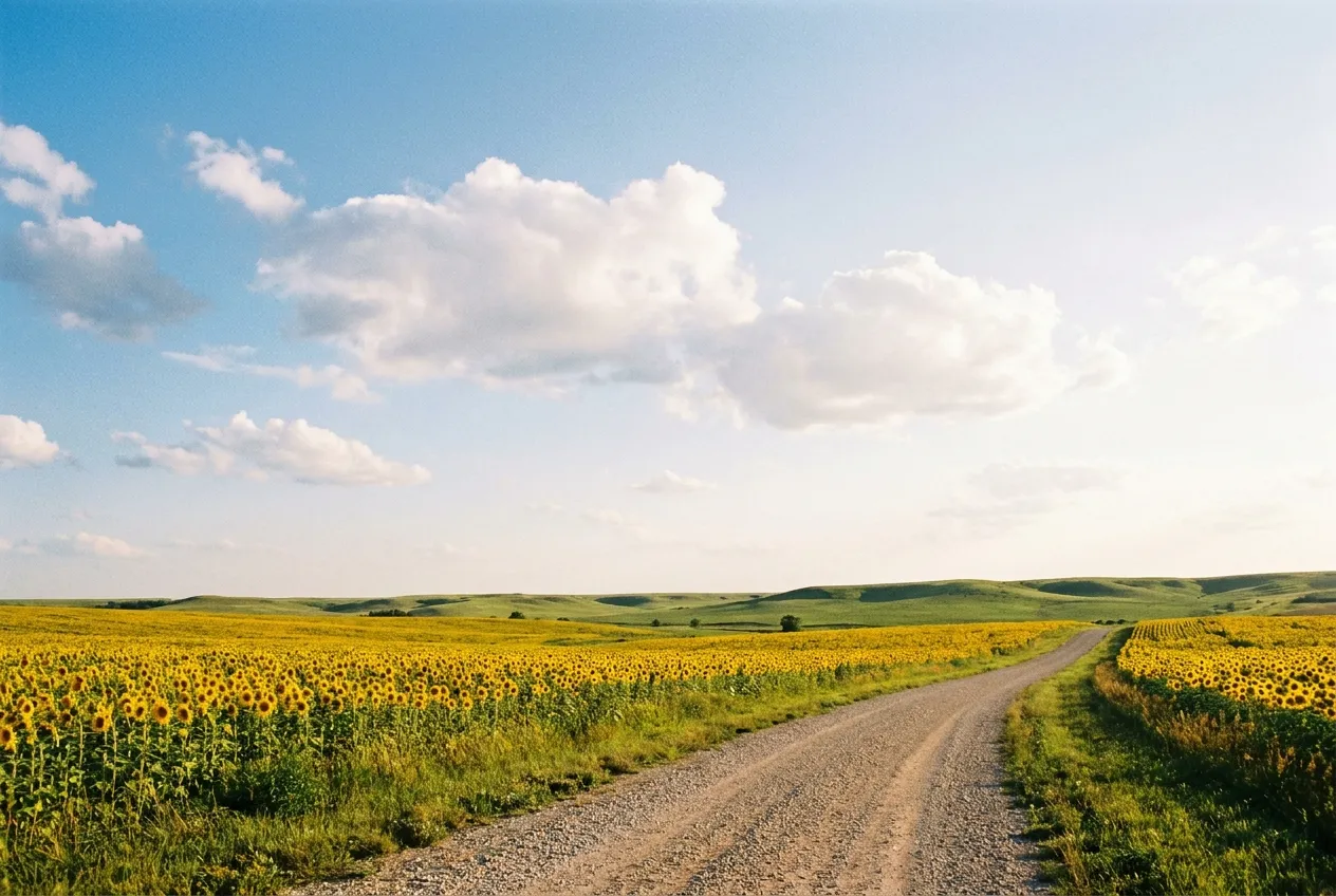 A golden sunflower field under a big Kansas sky near the RV park