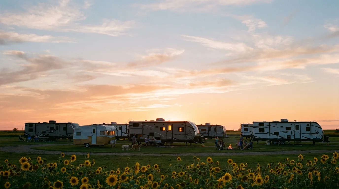 Golden sunset over the family RV park on the Kansas plains