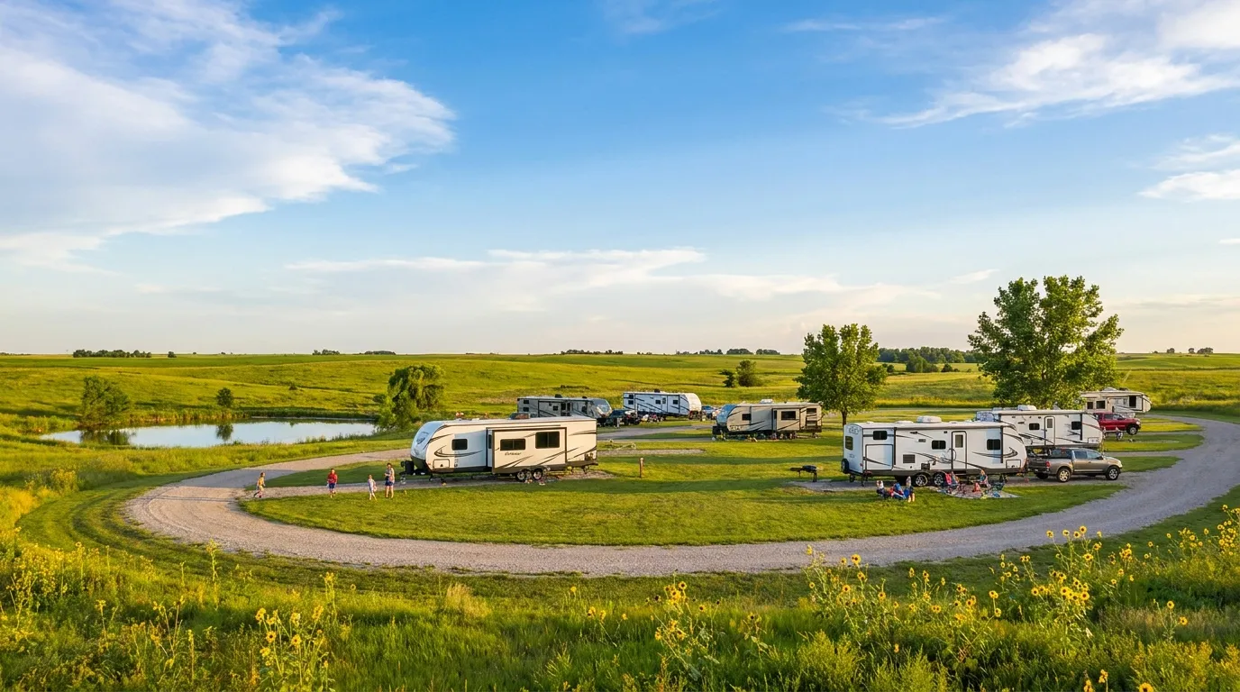 A friendly family RV park on the open Kansas plains with RVs on grassy pull-through sites, big blue sky, and wild sunflowers