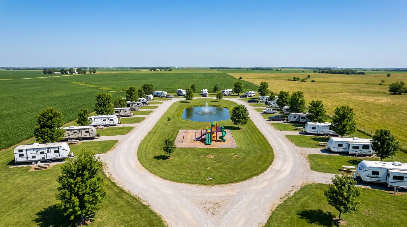 Aerial view of the Prairie Winds RV Park showing grassy sites along curving loops, a central playground and pond