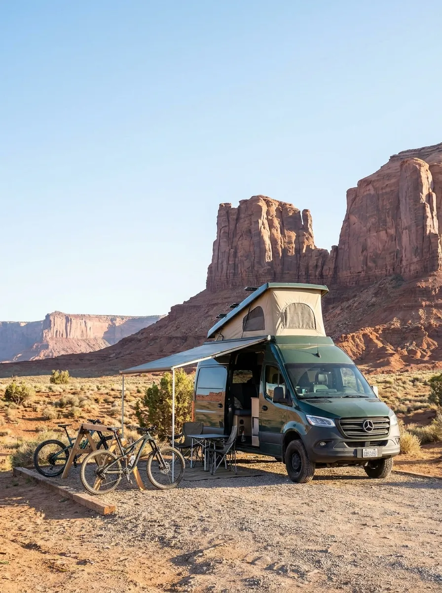 A camper van with rooftop tent at a red-rock adventure basecamp near Moab at sunrise