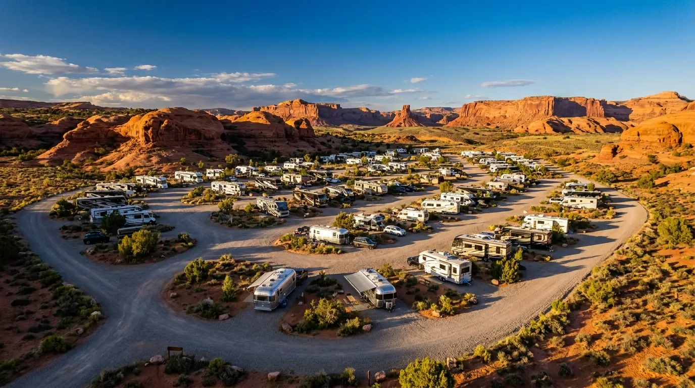 Aerial view of the red-rock adventure campground at golden hour