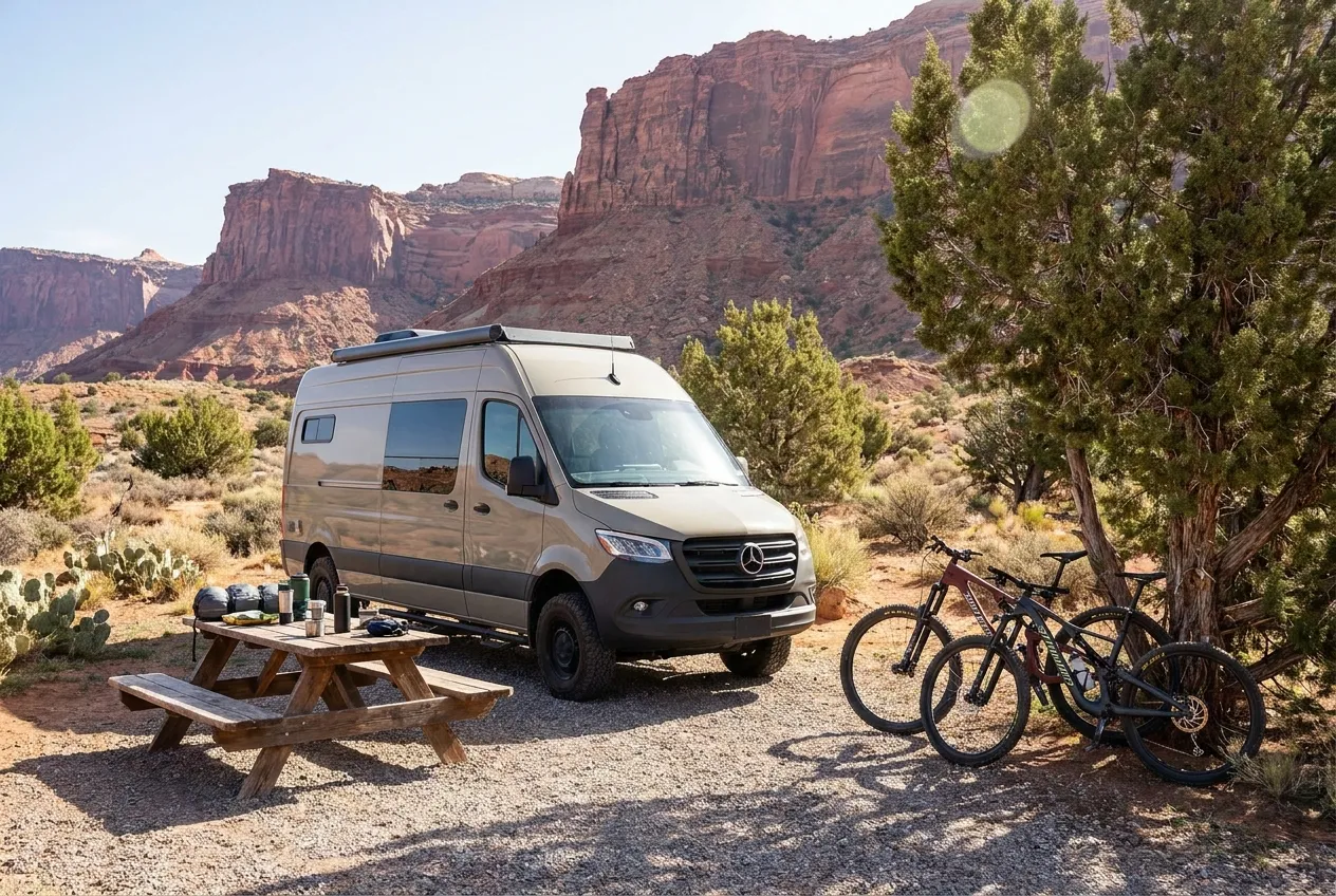 A camper van at a gravel basecamp spot with bikes and red rock behind