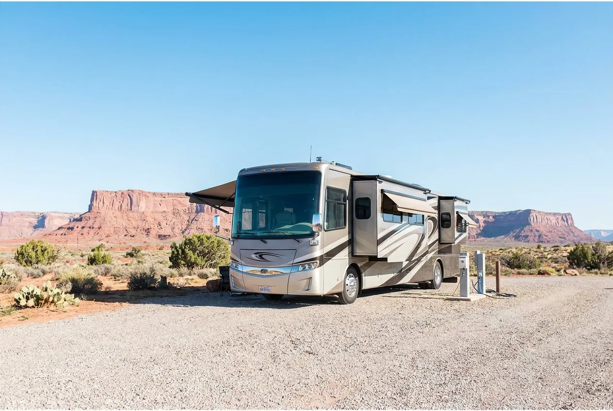 A large motorhome on a full-hookup pull-through site with red mesa behind