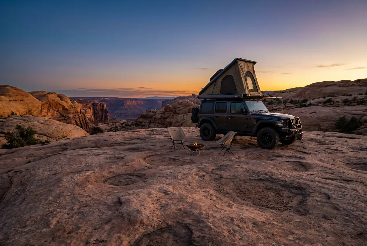 A rooftop tent set up on slickrock at dusk