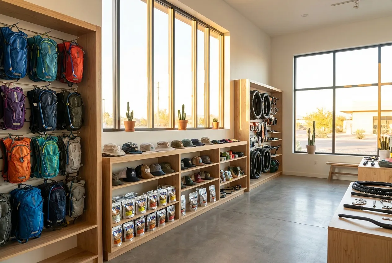 Inside the Red Rock Crossing gear shop and camp office, bright with desert light
