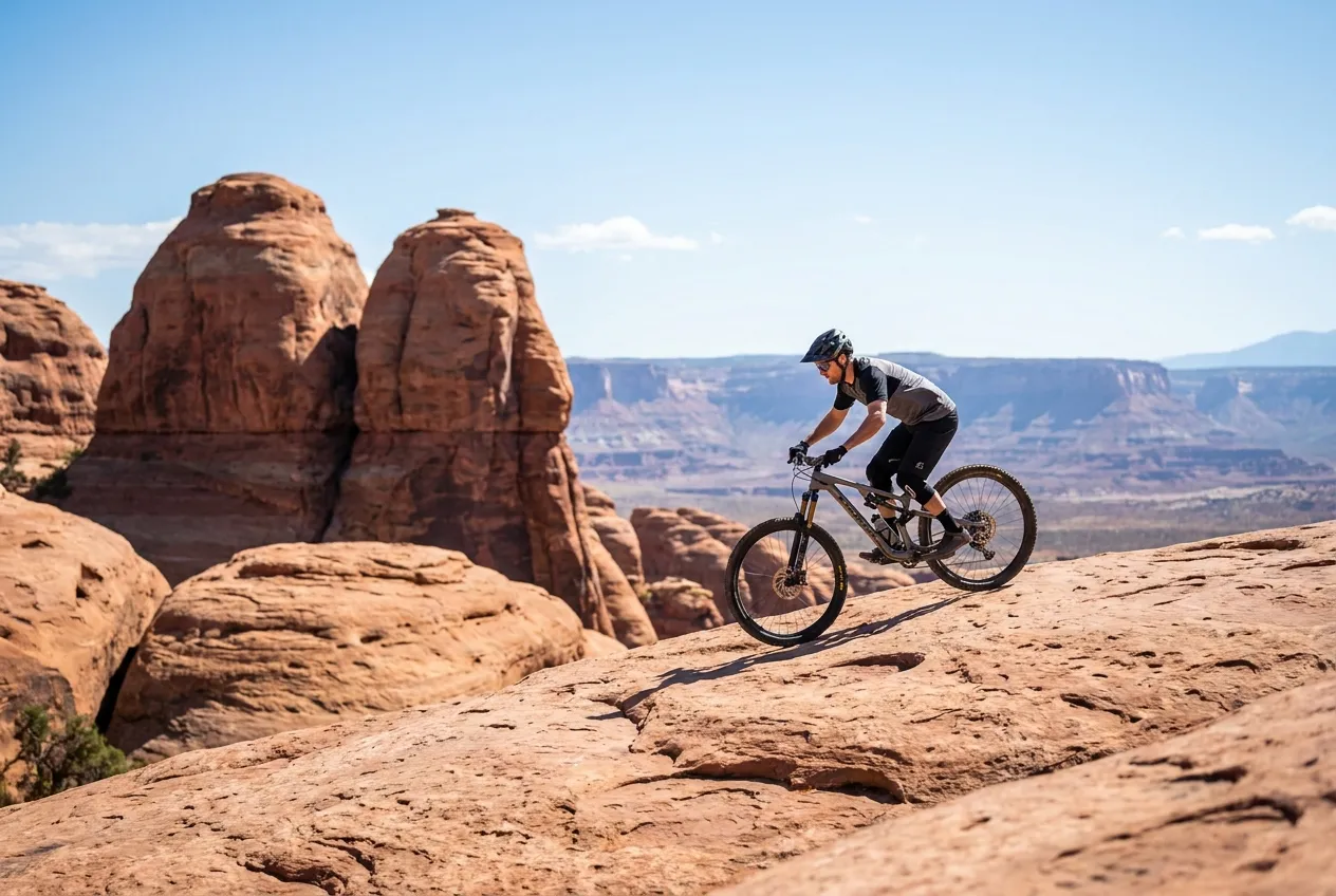 A mountain biker riding across slickrock in the Moab desert