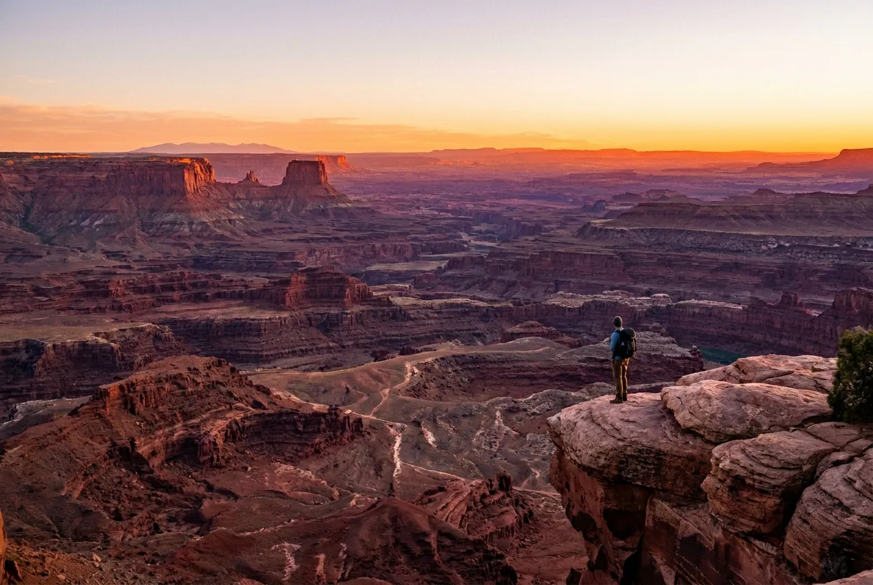 A vast layered canyon overlook in the Utah desert