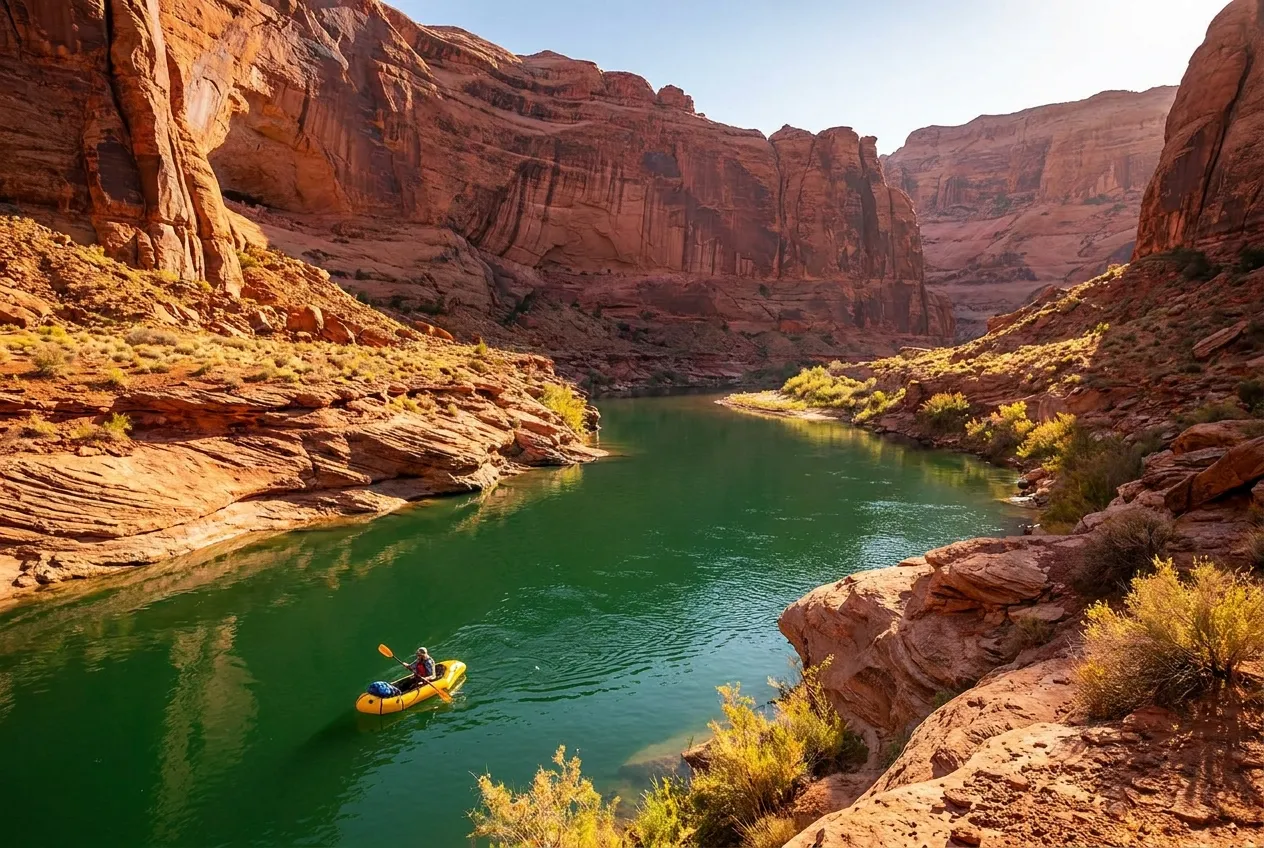 The Colorado River winding through a red rock canyon