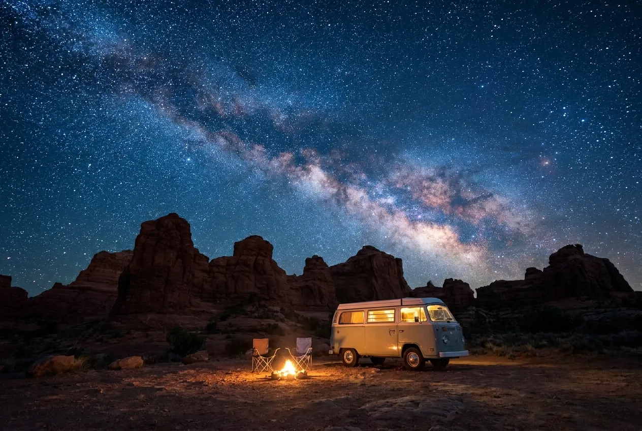 The Milky Way over red rock formations with a softly lit camper van