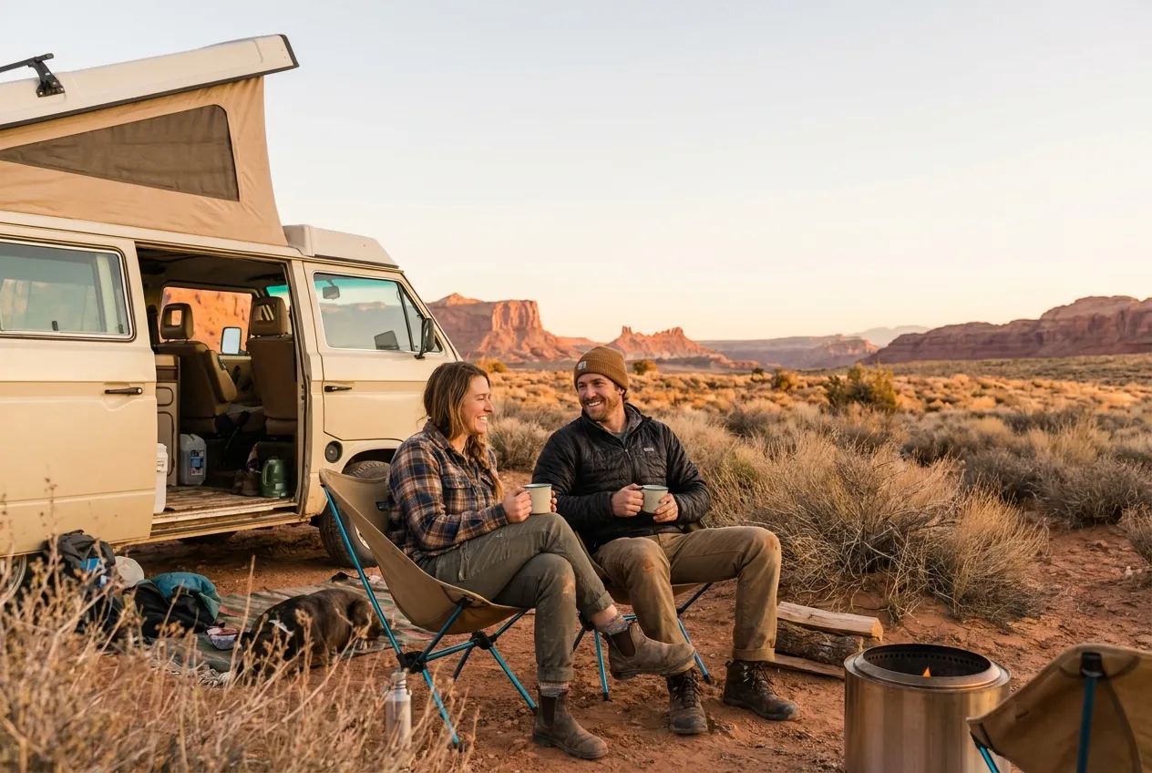 A group at a basecamp with coffee and a van in the morning