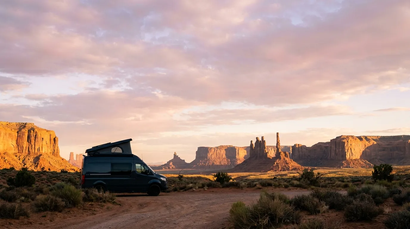 Golden sunset light on red rock mesas with a camper van silhouette
