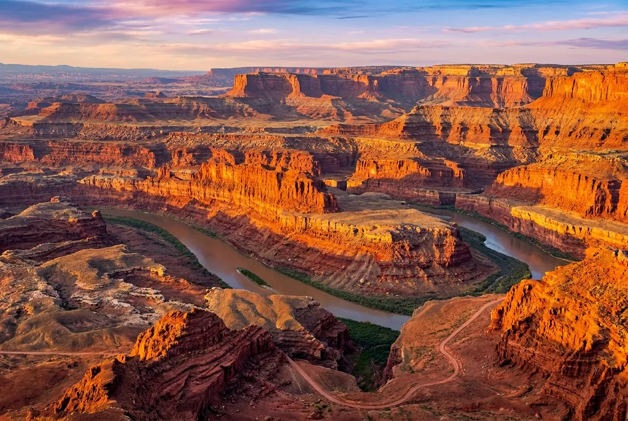 The gooseneck bend of the Colorado River from Dead Horse Point at sunset