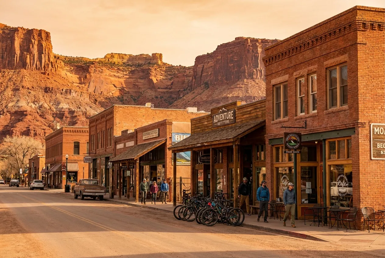 Downtown Moab main street with red rock cliffs behind