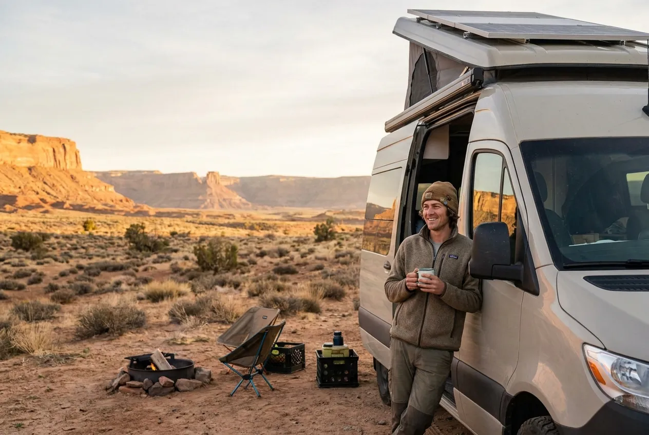 A camper waking up with coffee beside their van at a red-rock desert basecamp in the morning light