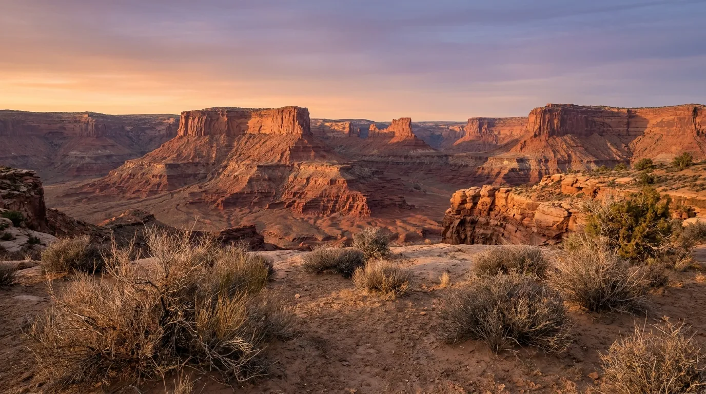 Layered red rock canyons and mesas in the Utah desert at late afternoon