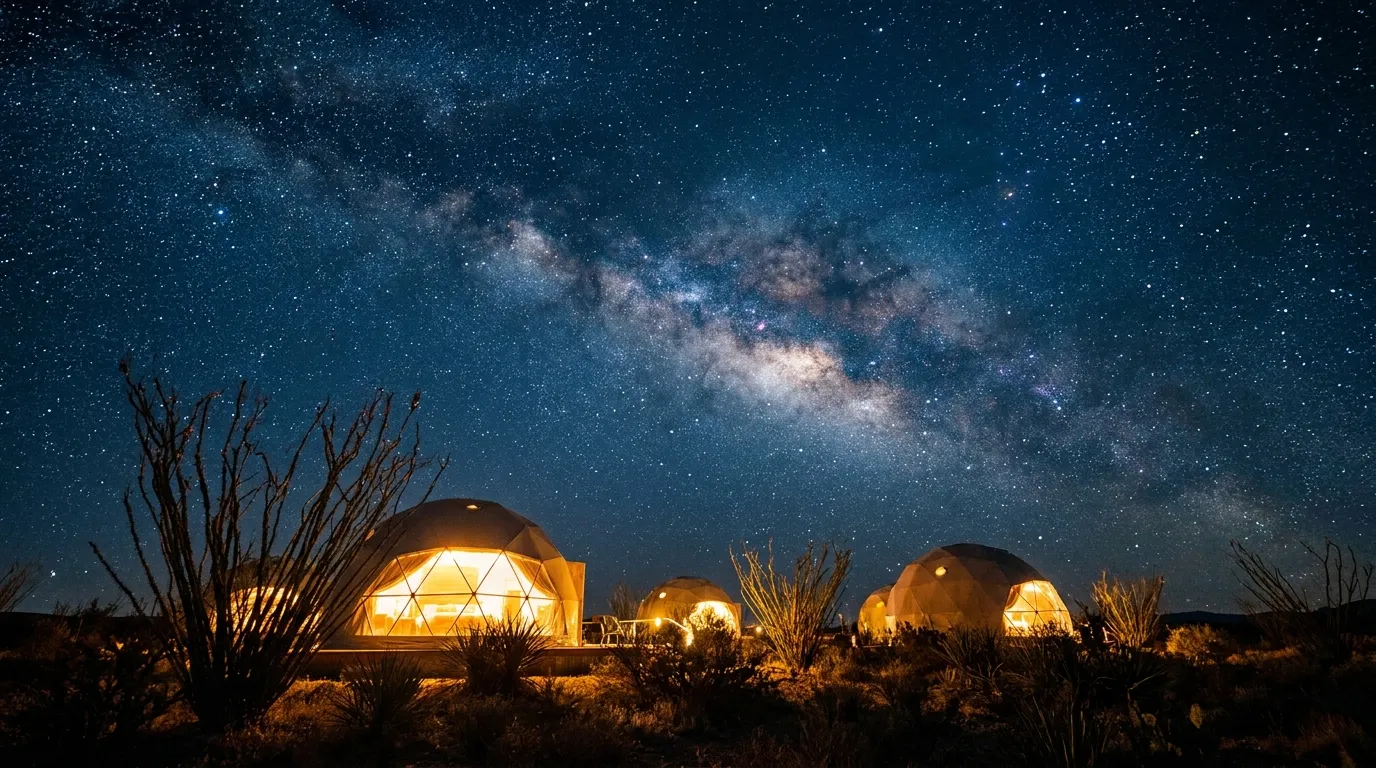 Geodesic glamping domes glowing on a West Texas ridge beneath the Milky Way