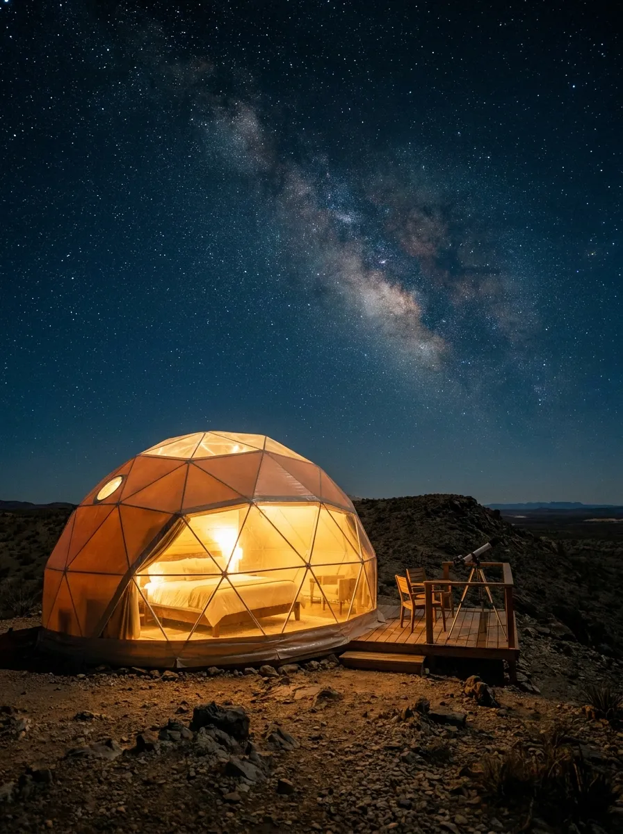 Illuminated geodesic dome with a skylight over the bed under the stars