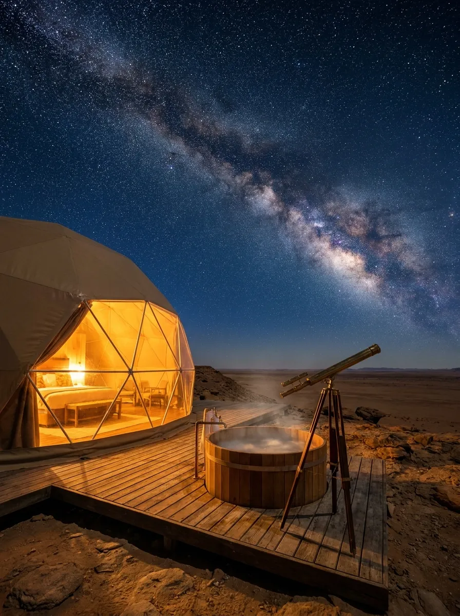 The Overlook Suite dome on the ridge edge with a cedar soaking tub and telescope