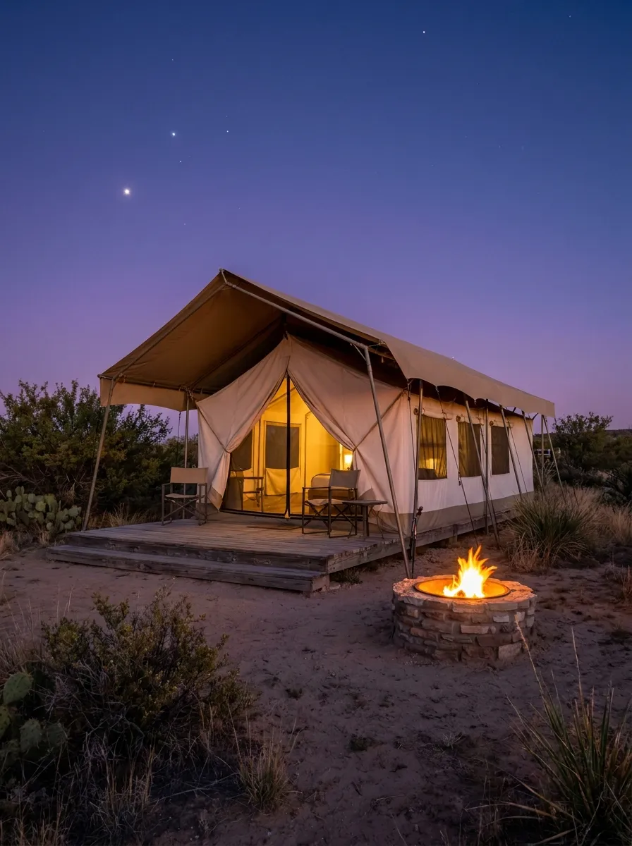Safari tent glowing at dusk with a fire ring out front