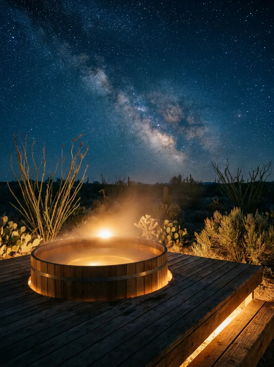 Cedar soaking tub steaming beneath the night sky