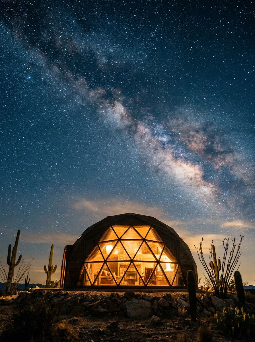 A geodesic dome lit gold beneath a full Milky Way