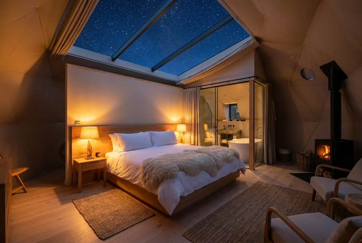 Interior of a geodesic dome, king bed beneath a starlit skylight