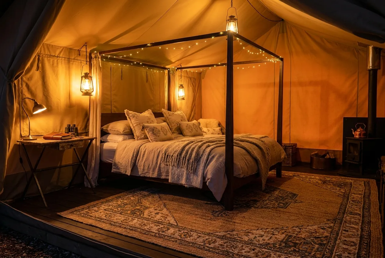 Interior of a lantern-lit safari tent