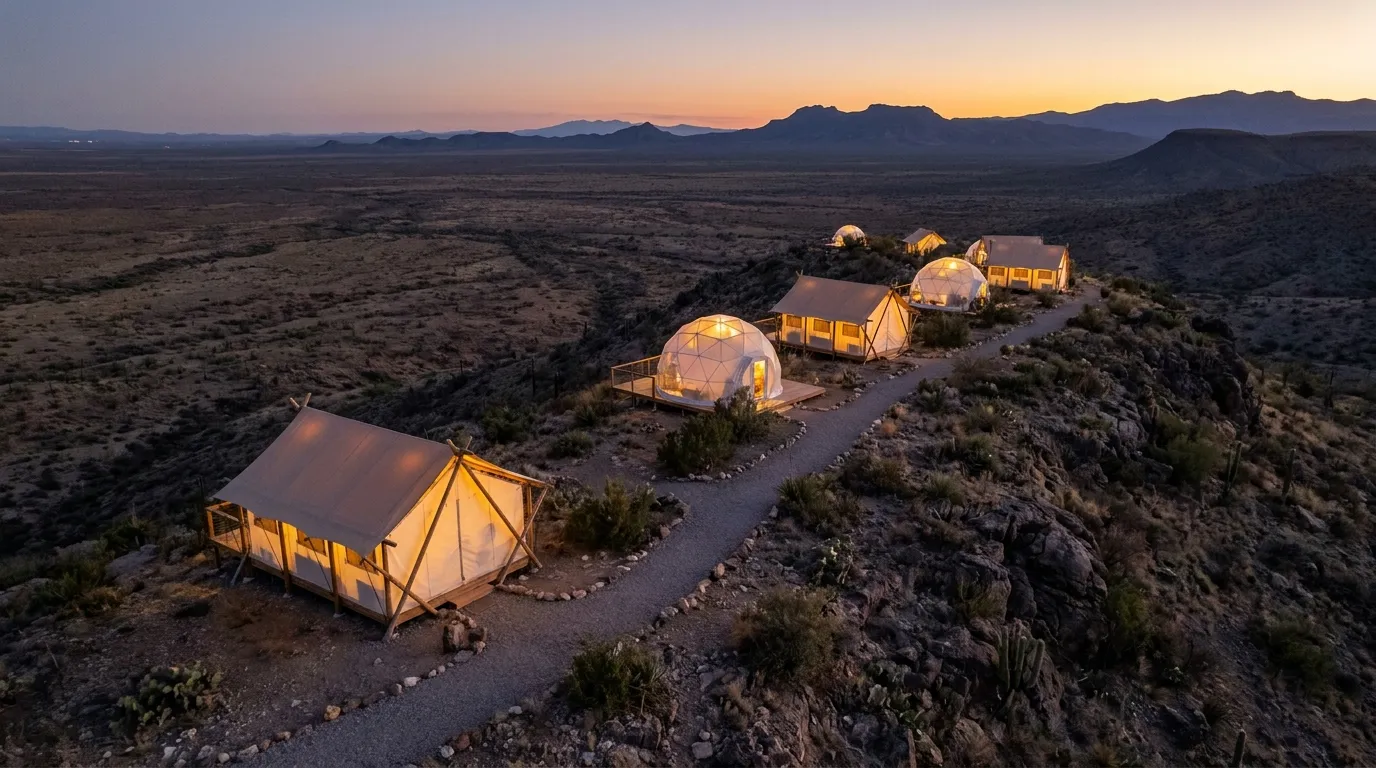 Aerial view of the glamping resort at blue hour