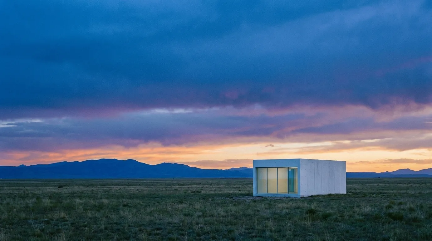 A lone gallery building on the high plains near Marfa at dusk