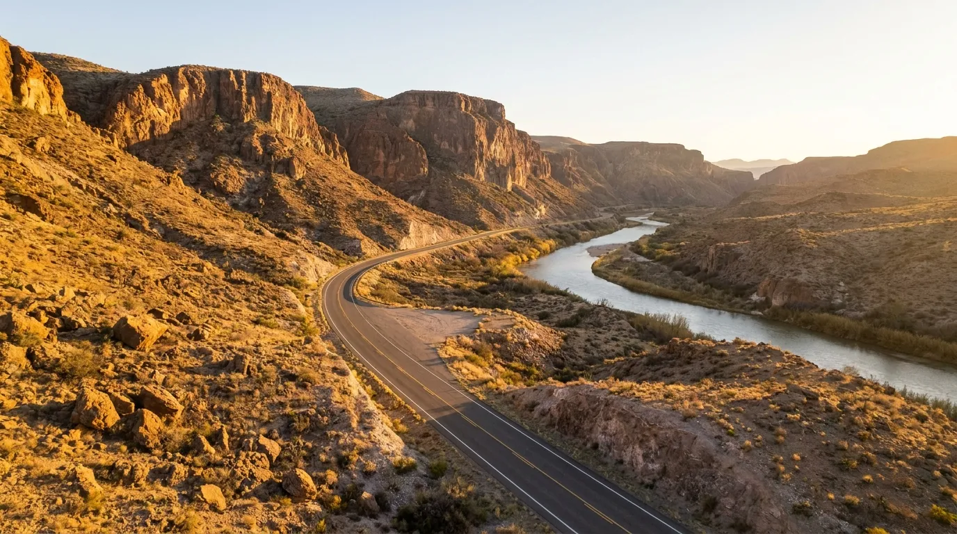 The River Road hugging the Rio Grande between canyon cliffs in Big Bend Ranch State Park