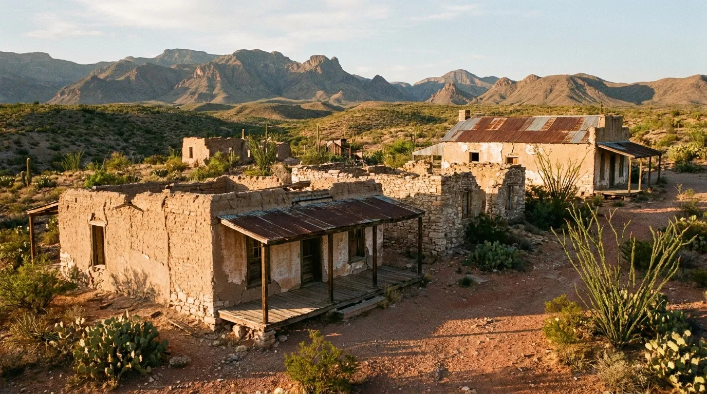 Weathered adobe and stone ruins of Terlingua Ghost Town at golden hour