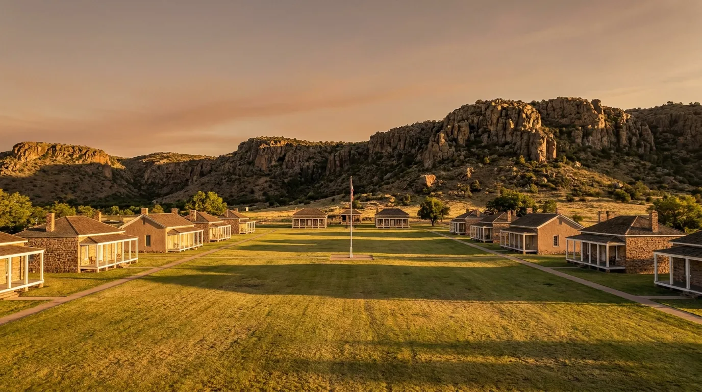 The restored buildings of Fort Davis below the Davis Mountains