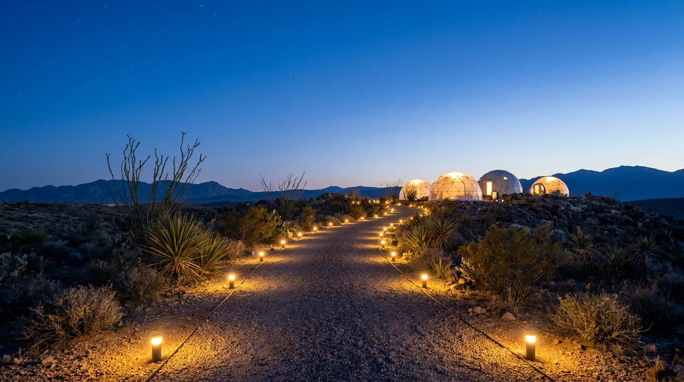 A lantern-lit path leading to glowing domes at blue hour