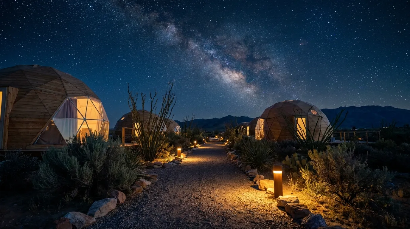 A quiet lantern-lit path between domes under the Milky Way