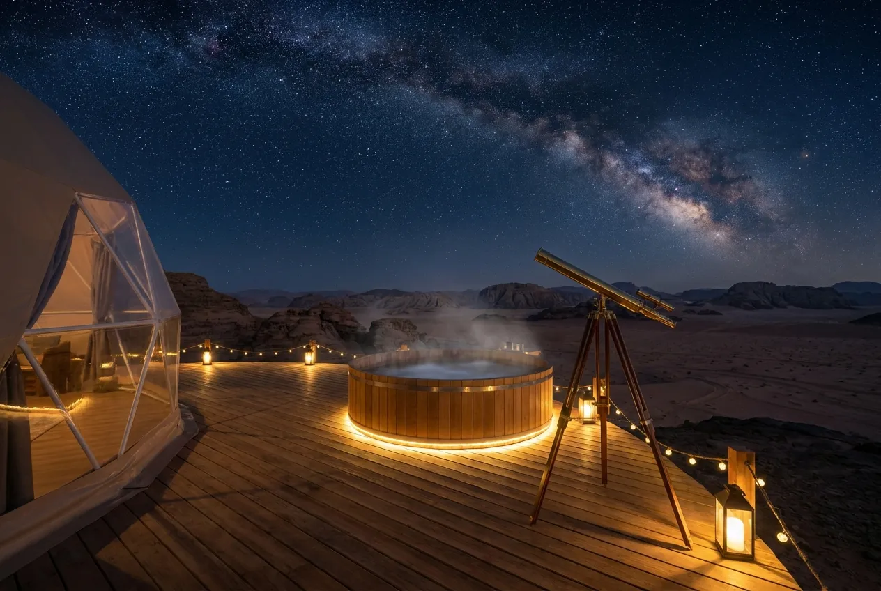 The Overlook Suite's private deck with a cedar soaking tub and telescope under the Milky Way