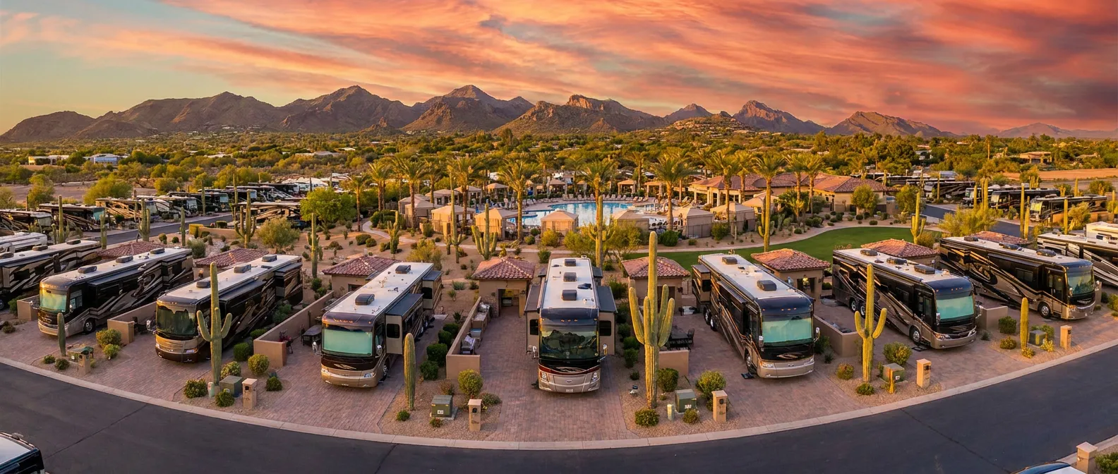 Luxury RV resort in the Sonoran desert at golden-hour sunset, big-rig motorhomes among saguaros and palms