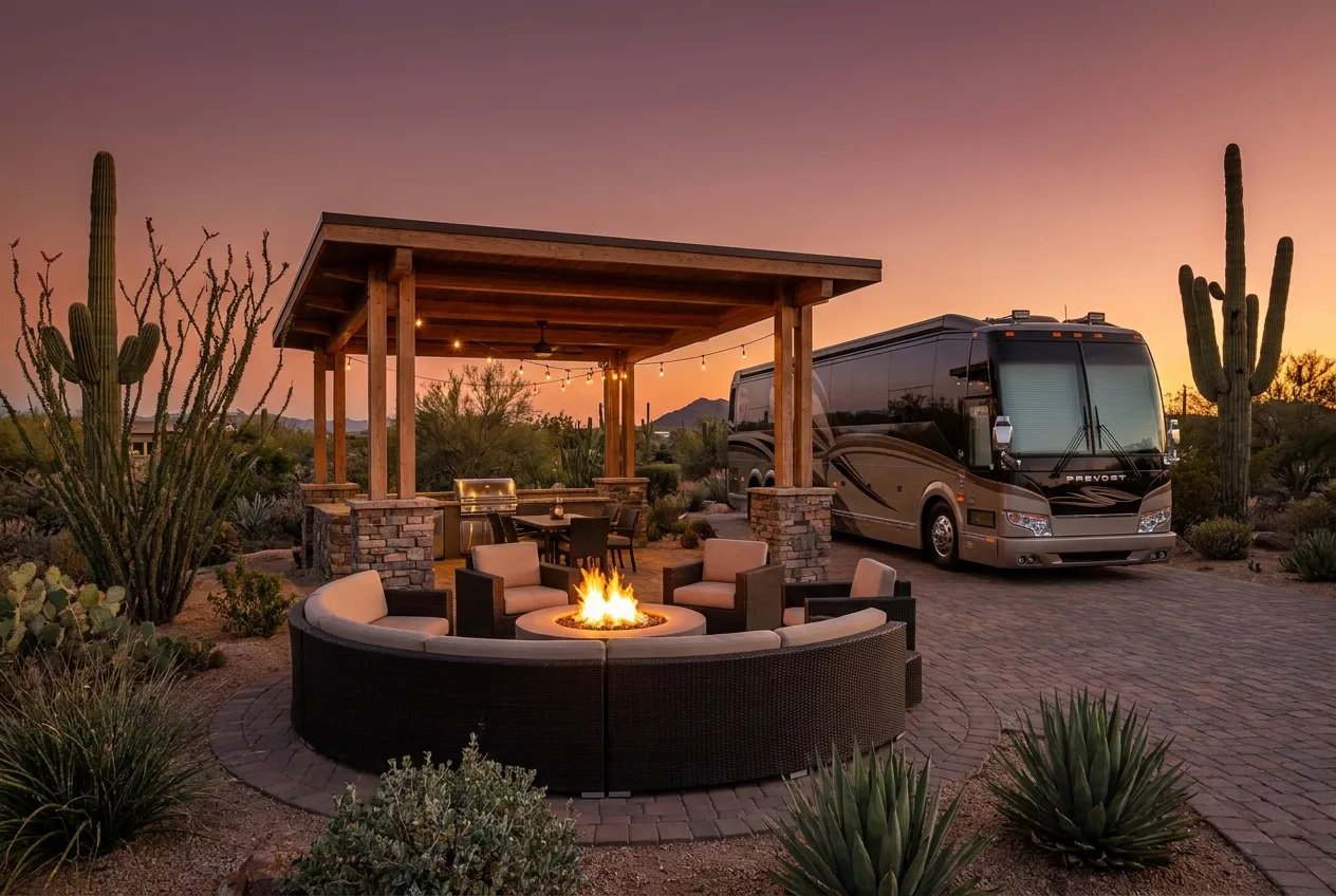 Premium patio site with ramada, fire pit and outdoor lounge