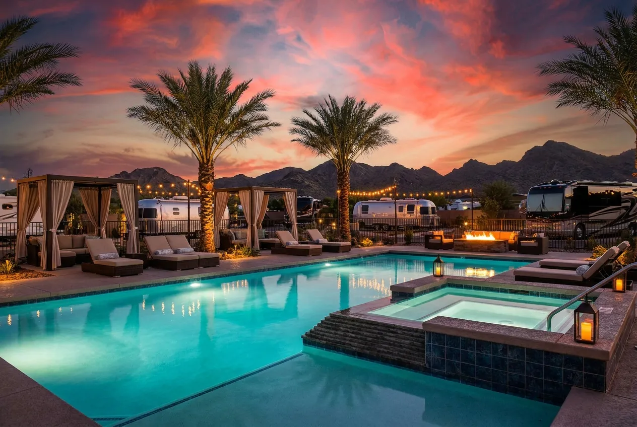 Resort pool and spa at dusk