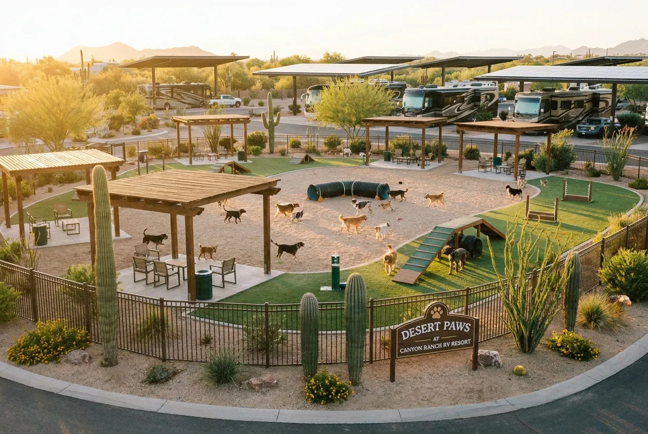 Dogs playing in the resort's fenced off-leash desert bark park