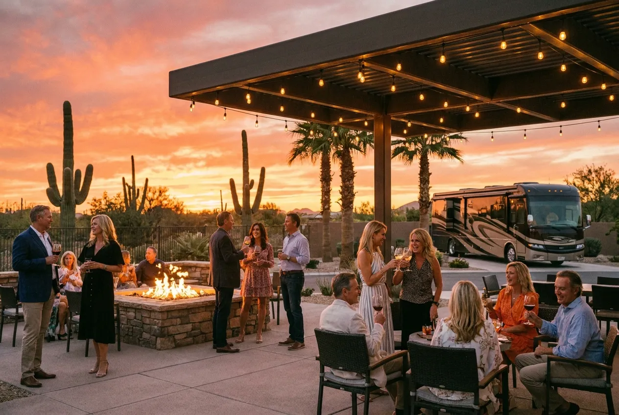 Guests at sunset happy hour on the clubhouse patio