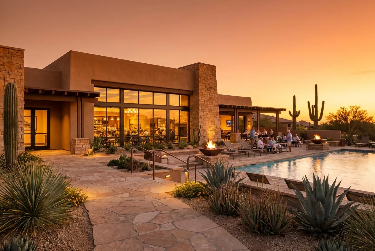 Resort clubhouse exterior at golden hour
