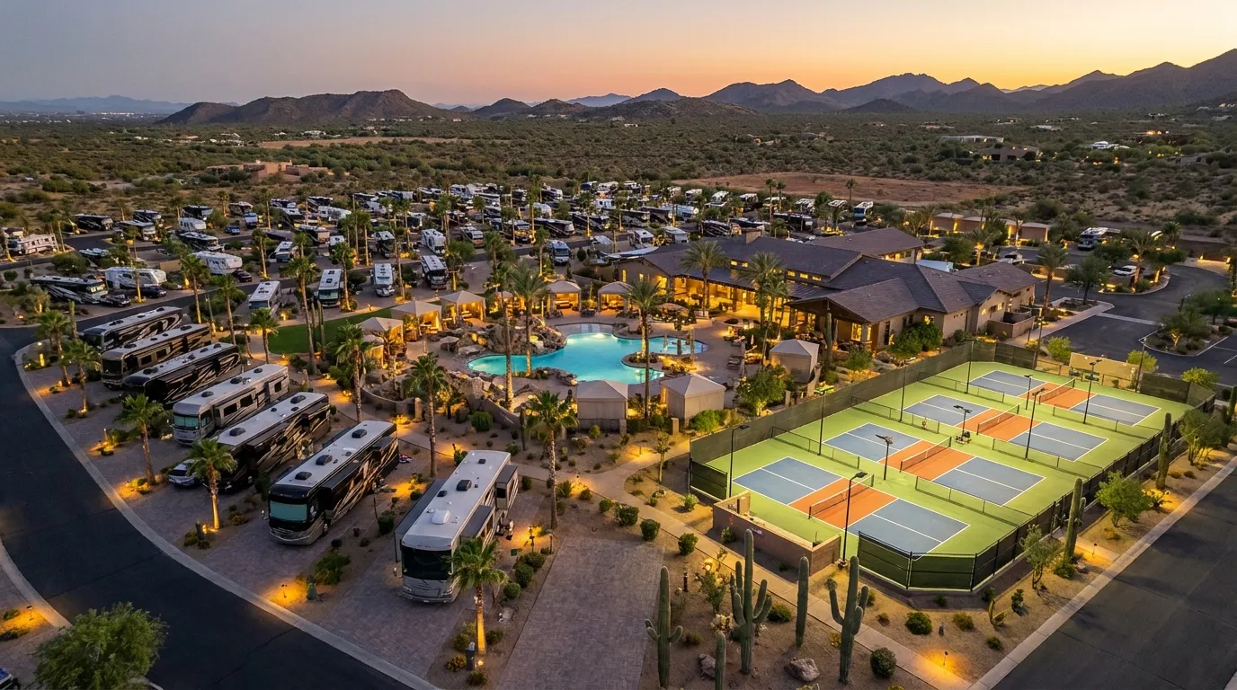 Aerial view of the resort at dusk