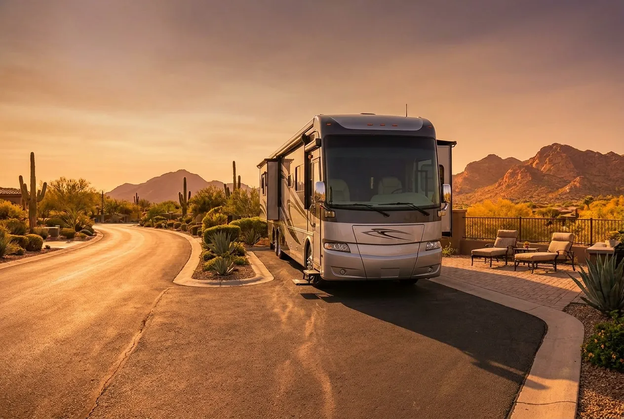 Luxury motorhome on a wide 90-foot pull-through site at golden hour